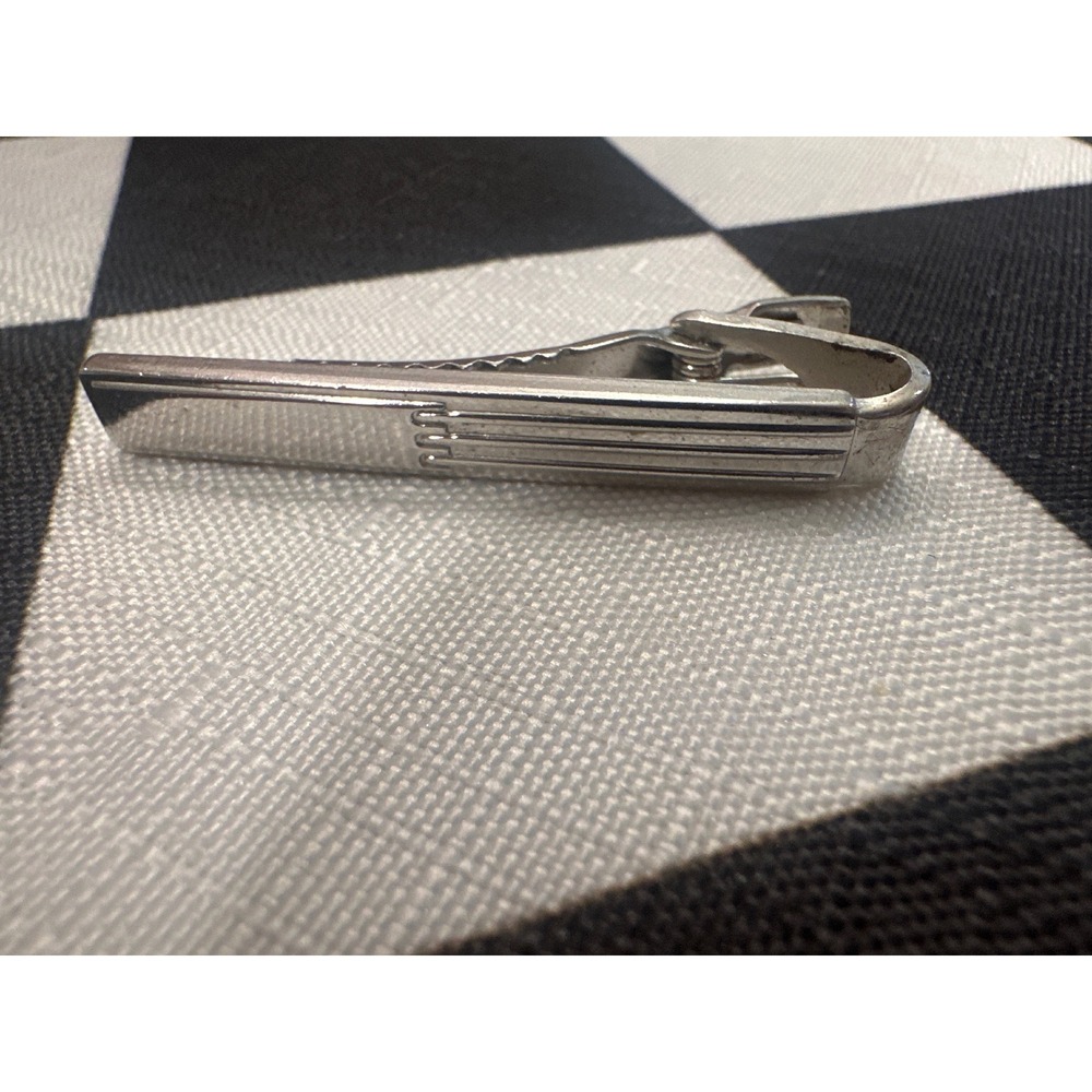 Speidel Vintage Mens Silver Tone Etched Linear Tie Bar Clip Made in USA